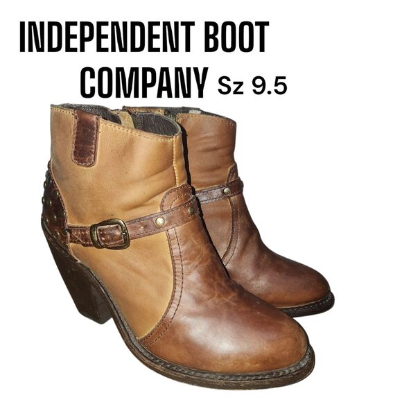 INDEPENDENT BOOT COMPANY Sz 9.5 Distressed Cognac Buckle Stud Detsil Ankle Boots - Picture 1 of 13